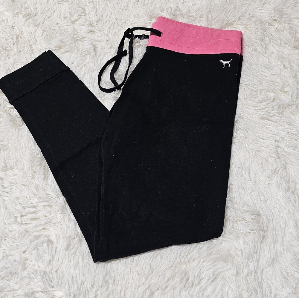 Victorias Secret PINK Activewear Black Joggers Hot Pink Waistband & 'DOG' Logo